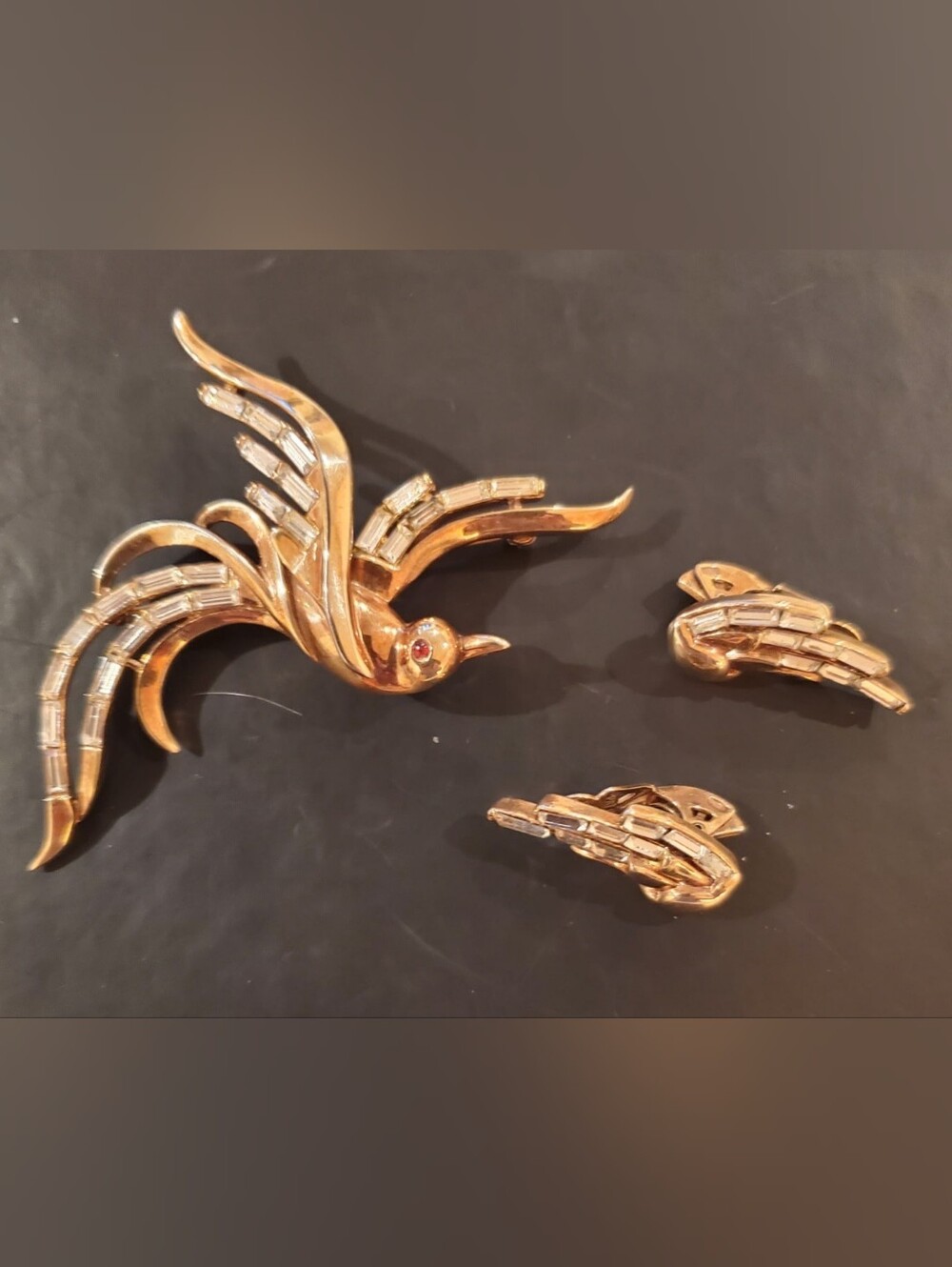 Crown Trifari Art Deco Bird of Paradise Brooch Earring Set